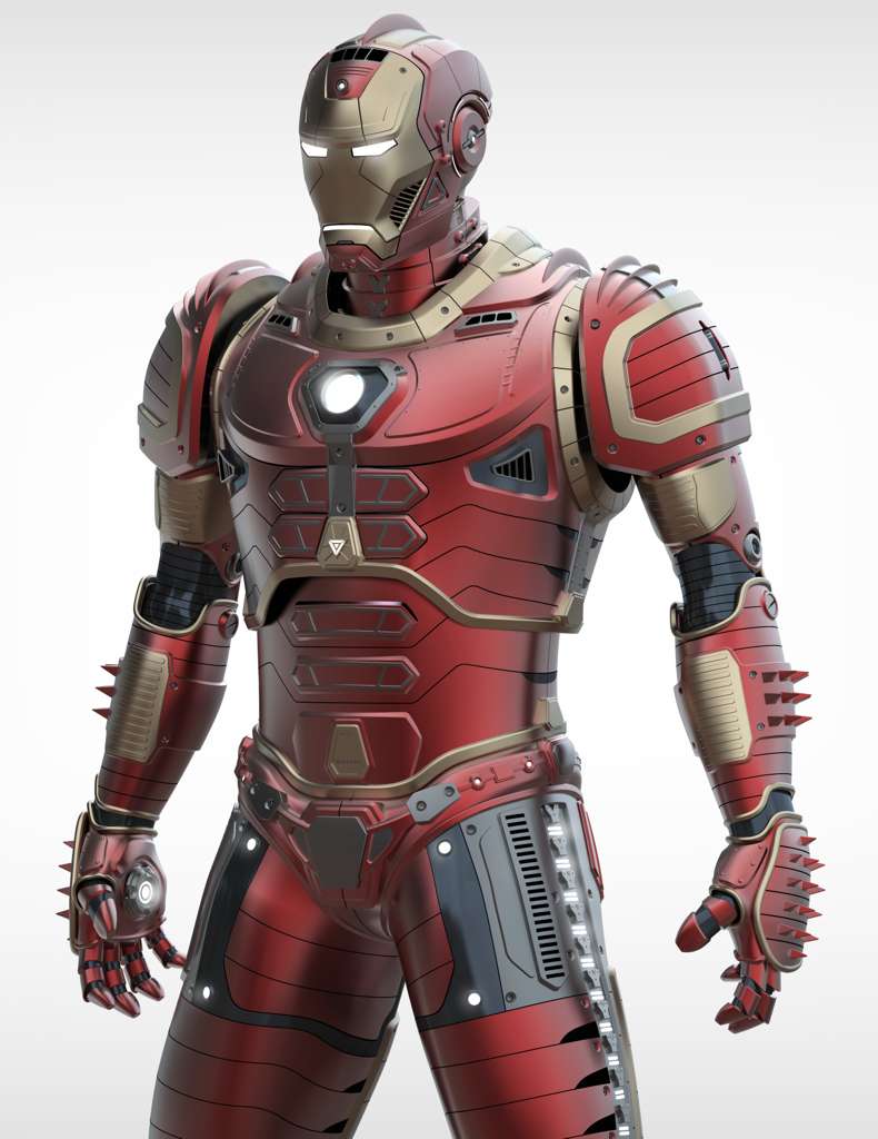 Detailed red and gold mechanical suit with glowing white eyes, chest piece, and spiked gauntlets.