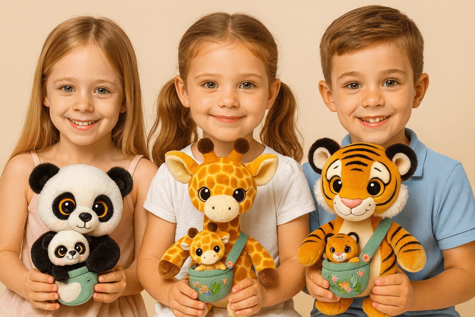 Three smiling children holding panda, giraffe, and tiger plush toys with matching babies in pouches.