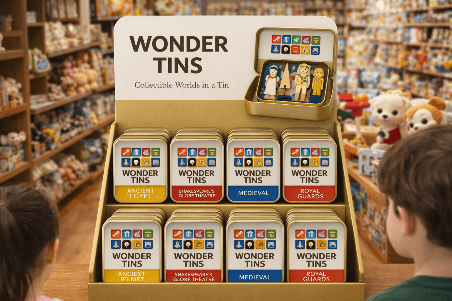 Two children looking at a store display of Wonder Tins collectible toy sets.