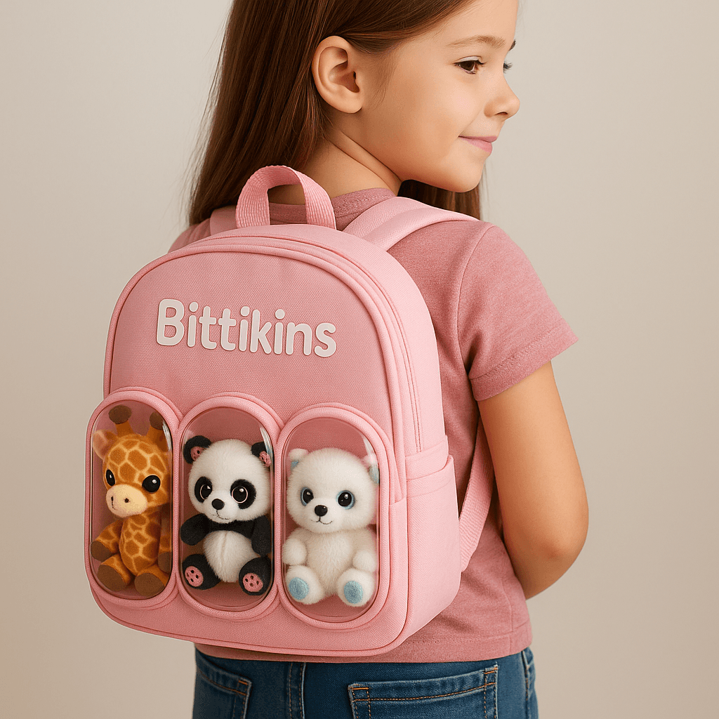 Young girl wearing a pink Bittikins backpack with three small stuffed animals in clear pockets.