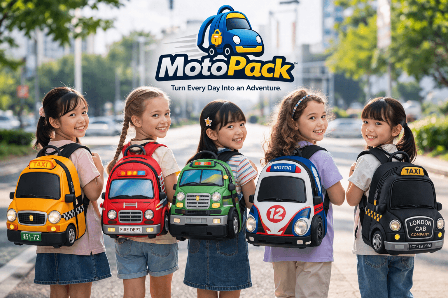 Five smiling girls wearing vehicle-shaped backpacks, including a taxi, fire truck, and race car.