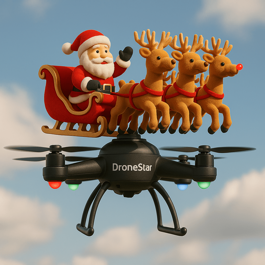 Santa Claus waving from a red sleigh with three reindeer mounted on a flying drone.
