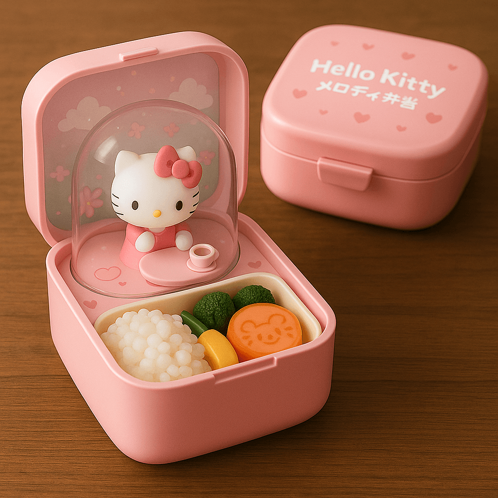 Pink Hello Kitty bento box with a miniature figure under a dome and decorative food.