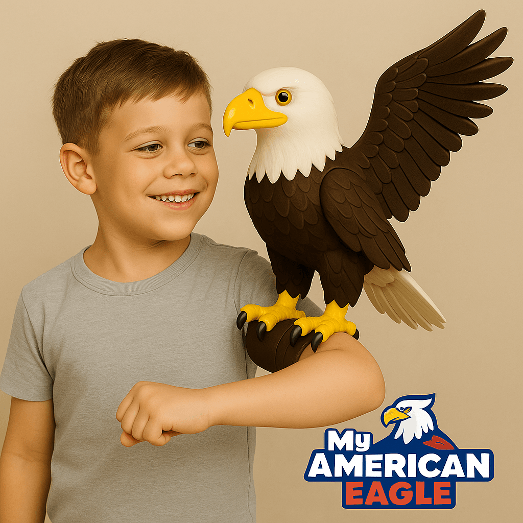 Smiling boy with a toy bald eagle perched on his arm, one wing spread.