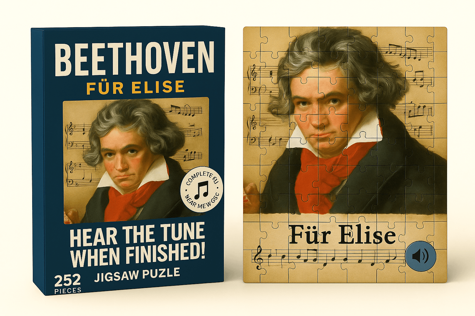 Beethoven jigsaw puzzle box and completed puzzle featuring his portrait, sheet music, and "Für Elise".